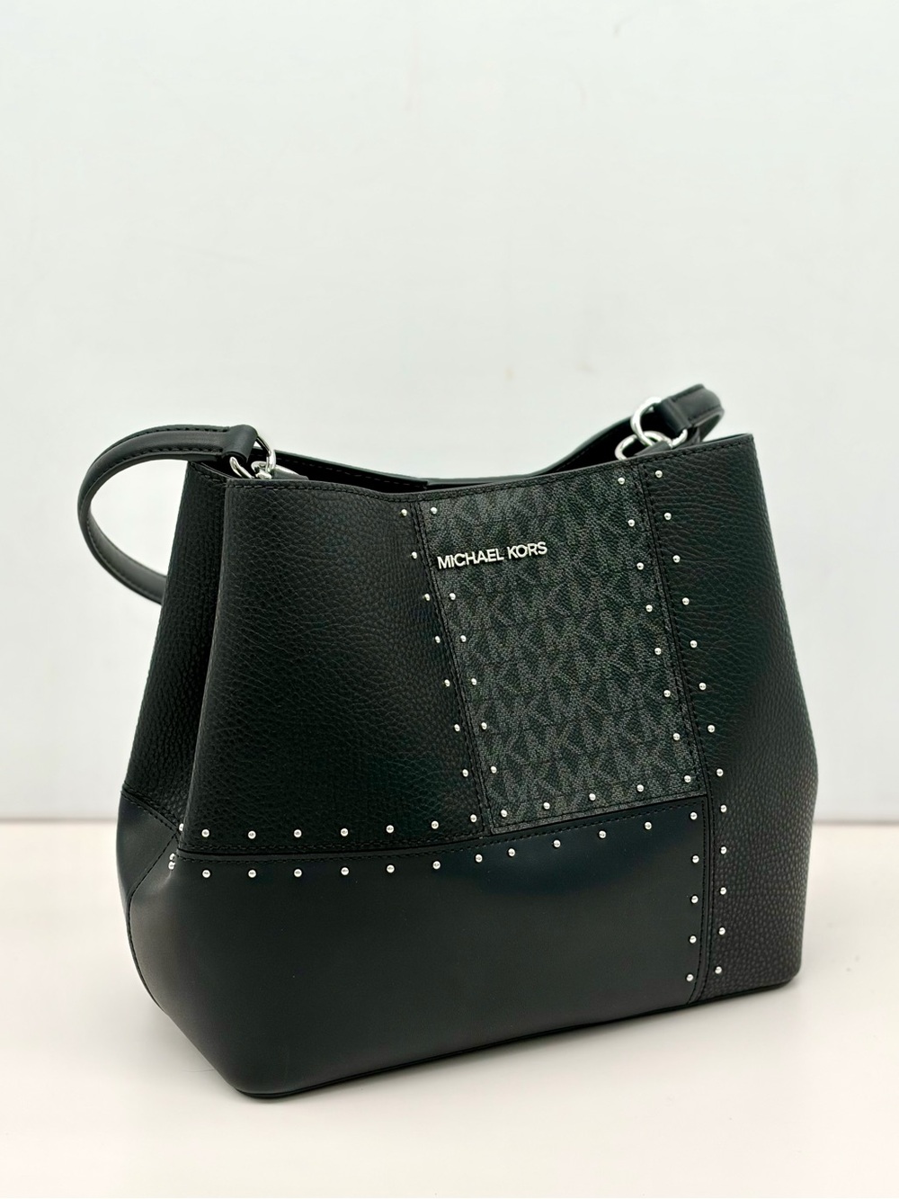 Michael Kors Black PRATT Studded Monogram Medium Shoulder Bucket Bag